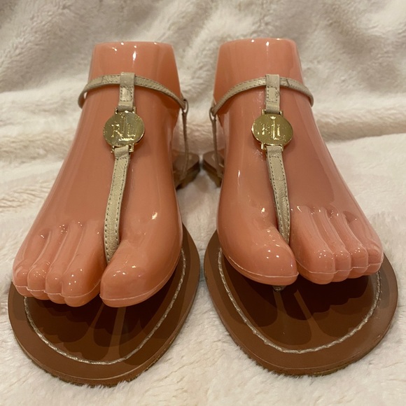 Lauren Ralph Lauren LRL Aina Leather T-Strap Khaki Flat Sandals Size 6.5 VGC - Picture 3 of 10